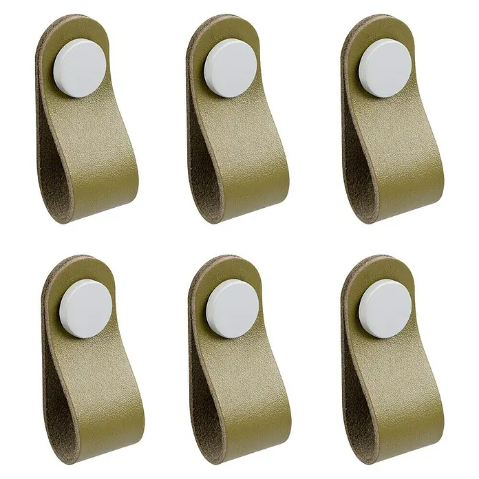 Nesu Pomo para muebles Piel - Verde, 6 ud. - Seis tiradores de cuero verde oliva con pomo blanco, perfectos para armarios y cajones, elegantes y funcionales.
