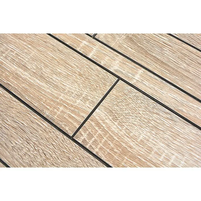 Selbstklebemosaik SAM 4GV57WGS - 30 x 30 cm, Grau, Matt - Nahaufnahme von hellem Holzimitat-Bodenbelag mit dunklen Fugen, ideal für moderne Innenräume.