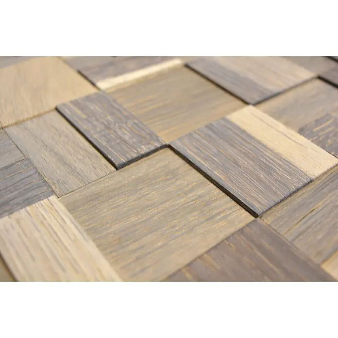 Selbstklebemosaik Wood SWM MC33N - 30 x 30 cm, Grau, Matt - Nahaufnahme eines Holzmosaiks mit wechselnden hellen und dunklen Farbtönen, das eine natürliche und moderne Optik bietet.