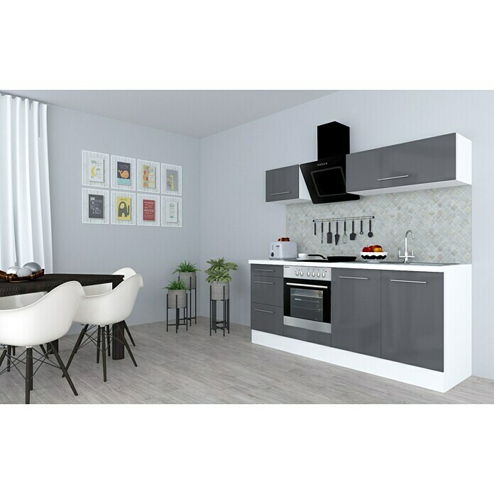Respekta Premium Composición de cocina (Ancho: 210 cm, Con dispositivos eléctricos, Gris de alto brillo)