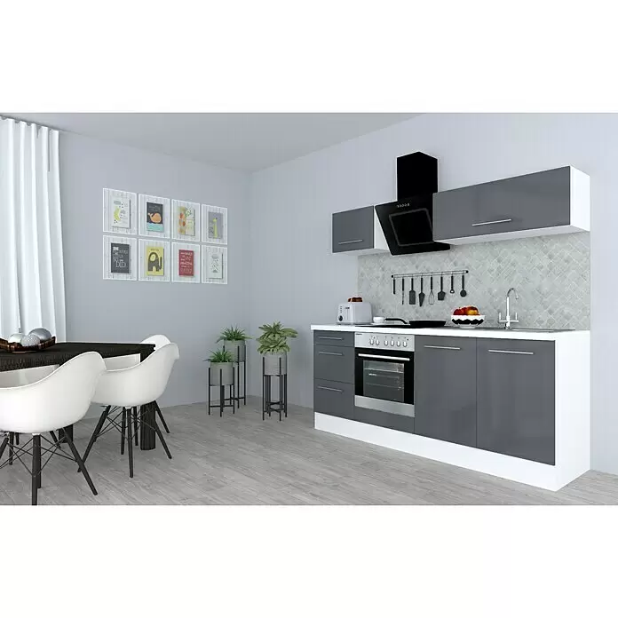 Respekta Premium Composición de cocina Amanda - Ancho: 210 cm, Blanco/Gris, Con electrodomésticos - Cocina y comedor modernos con gabinetes grises y blancos, campana negra, y mesa de comedor oscura con sillas blancas.