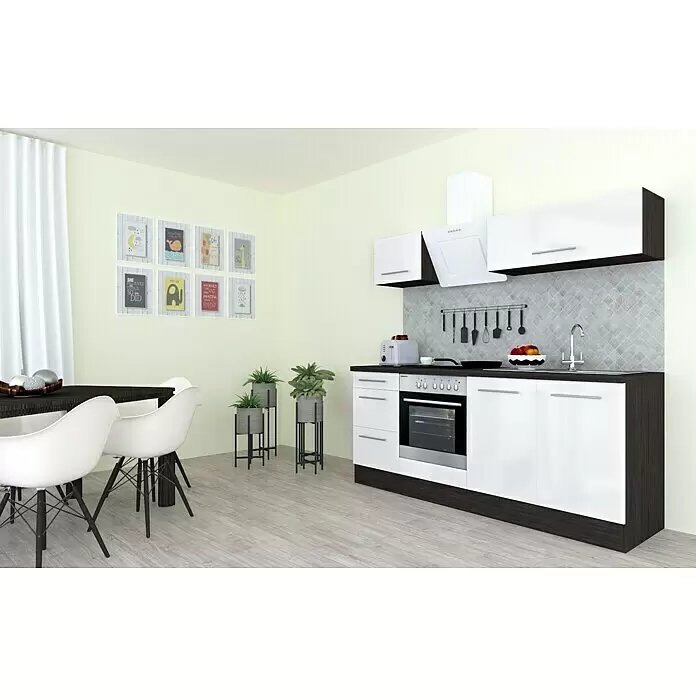 Respekta Premium Composición de cocina Amanda - Ancho: 210 cm, Roble/Blanco, Con electrodomésticos - Cocina moderna con armarios blancos de alto brillo, base y laterales de aspecto madera oscura, horno integrado, fregadero y campana extractora.
