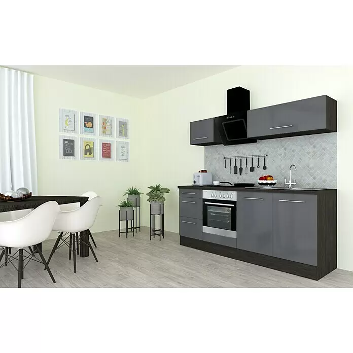 Respekta Premium Composición de cocina Amanda - Ancho: 210 cm, Roble/Gris, Con electrodomésticos - Mueble de cocina moderno gris oscuro y efecto madera con horno y fregadero integrados, junto a una mesa de comedor oscura con sillas blancas.