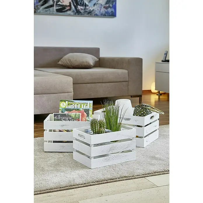 Zeller Present Holzkiste - L x B x H: 31 x 21 x 18,7 cm, Weiß - Diese Aufnahme zeigt drei dekorative, weiße Holzkisten, die auf einem Teppich vor einem Sofa platziert sind und Pflanzen und Zeitschriften enthalten.