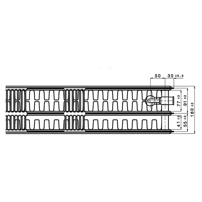 Flachheizkörper - B x H: 1.000 x 600 mm, Wärmeleistung bei Vorlauftemperatur von 75 °C (D: 50): 2.335 W, Typ Heizkörper: 33 - Technische Zeichnung eines Heizkörpers mit Maßangaben, die die Abmessungen und Spezifikationen des Produkts detailliert beschreiben.