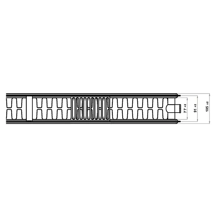 Flachheizkörper - B x H: 1.000 x 400 mm, Wärmeleistung bei Vorlauftemperatur von 75 °C (D: 50): 1.185 W, Typ Heizkörper: 22 - Abbildung eines Heizkörpers mit den Maßen 77 ±2, 91 ±2 und 105 ±2, eine detaillierte technische Zeichnung des Produkts.