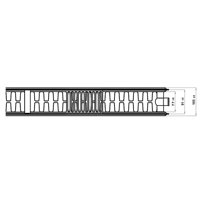 Flachheizkörper - B x H: 1.800 x 400 mm, Wärmeleistung bei Vorlauftemperatur von 75 °C (D: 50): 2.134 W, Typ Heizkörper: 22 - Technische Zeichnung eines Profils mit Maßen. Konstruktionsdetails und Abmessungen des Bauelements.