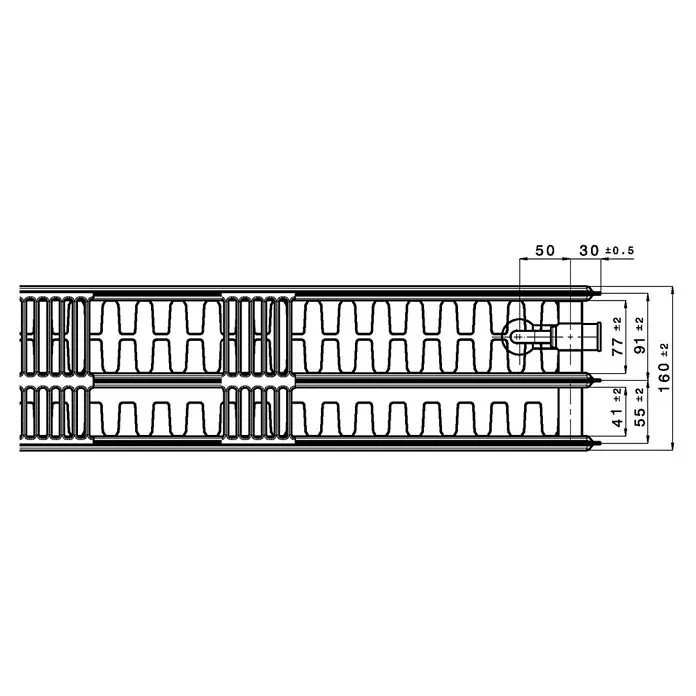 Flachheizkörper - B x H: 2.000 x 600 mm, Wärmeleistung bei Vorlauftemperatur von 75 °C (D: 50): 4.669 W, Typ Heizkörper: 33 - Technische Zeichnung eines Heizkörpers mit Bemaßung, die die Abmessungen und Spezifikationen des Produkts hervorhebt.