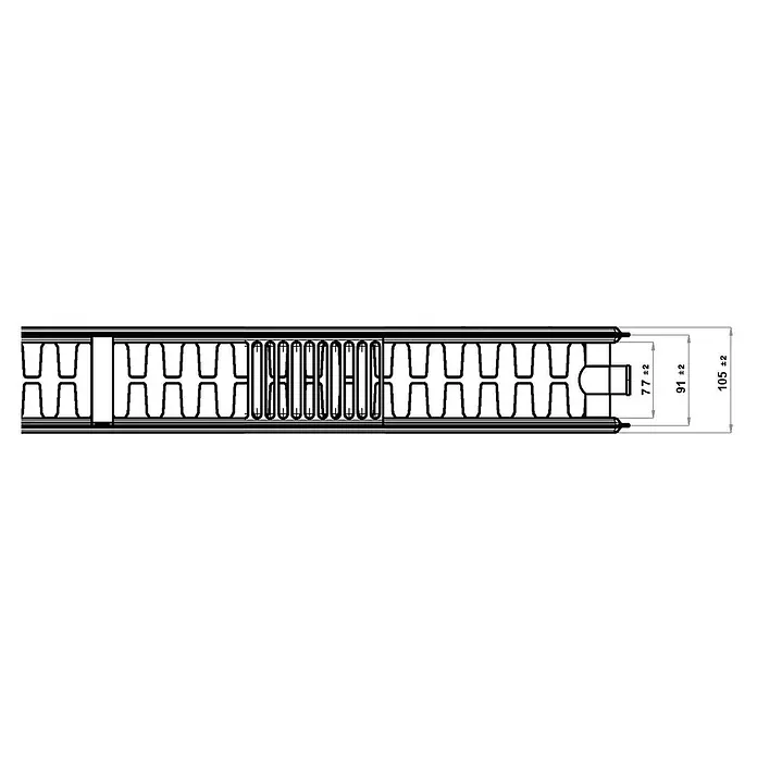 Flachheizkörper - B x H: 600 x 600 mm, Wärmeleistung bei Vorlauftemperatur von 75 °C (D: 50): 992 W, Typ Heizkörper: 22 - Technische Zeichnung einer Kunststoff-Profilleiste mit präzisen Maßangaben. Ideal für Bau und Konstruktion.