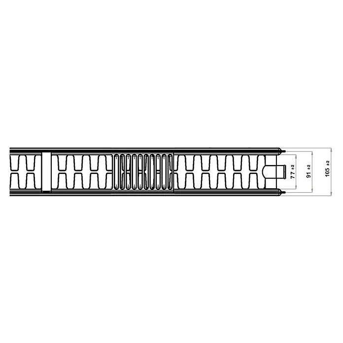Flachheizkörper - B x H: 800 x 600 mm, Wärmeleistung bei Vorlauftemperatur von 75 °C (D: 50): 1.322 W, Typ Heizkörper: 22 - Abbildung eines Paneelprofils mit Abmessungen. Technische Zeichnung mit den Maßen 77±2, 91±2 und 105±2 für das Paneel.