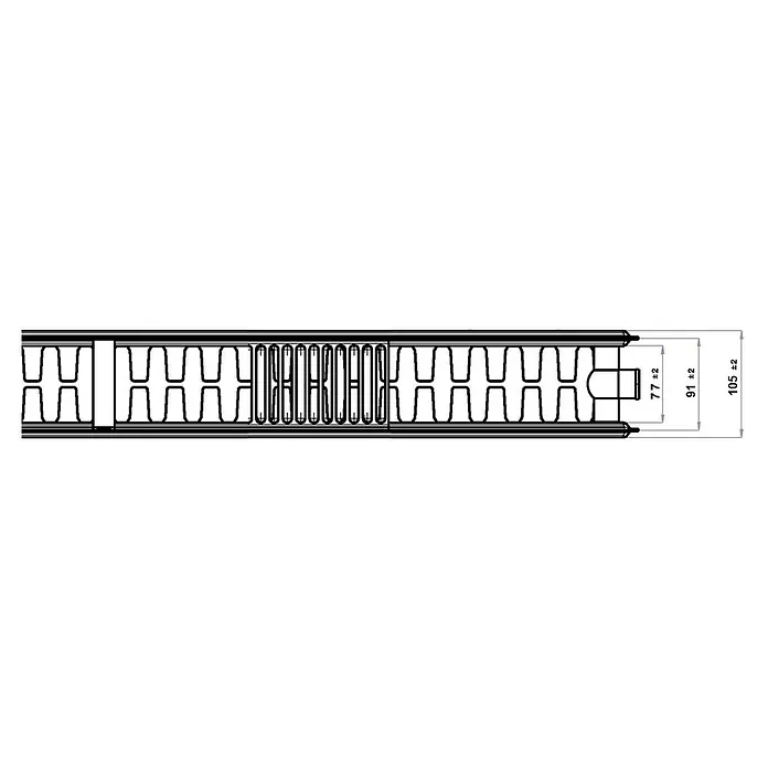 Kompaktheizkörper - B x H: 800 x 500 mm, Wärmeleistung bei Vorlauftemperatur von 75 °C (D: 50): 1.140 W, Typ Heizkörper: 22 - Detailaufnahme eines Dämmstoffprofils mit präzisen Maßangaben.