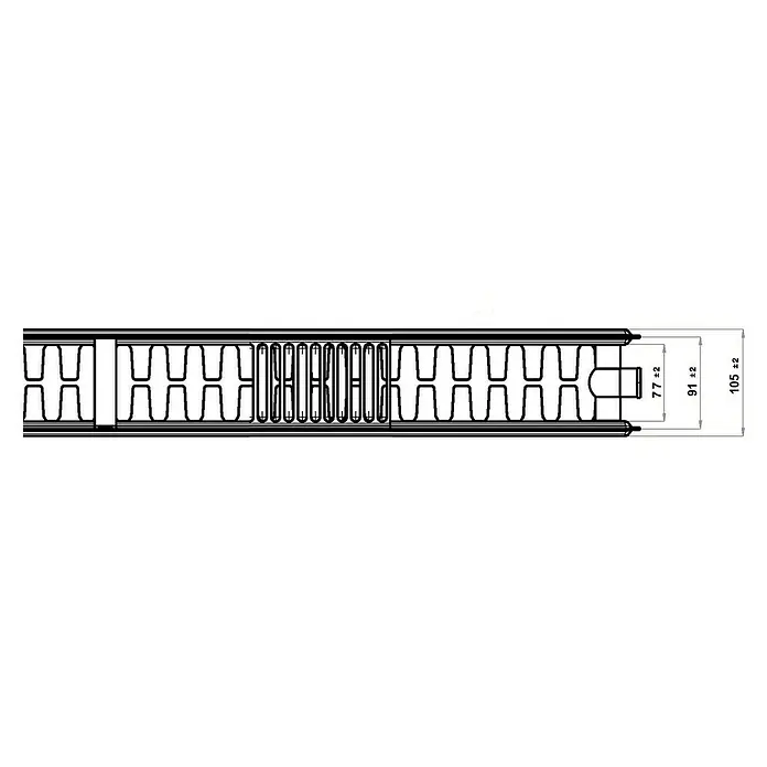 Kompaktheizkörper - B x H: 800 x 500 mm, Wärmeleistung bei Vorlauftemperatur von 75 °C (D: 50): 1.140 W, Typ Heizkörper: 22 - Detailaufnahme eines Dämmstoffprofils mit präzisen Maßangaben.
