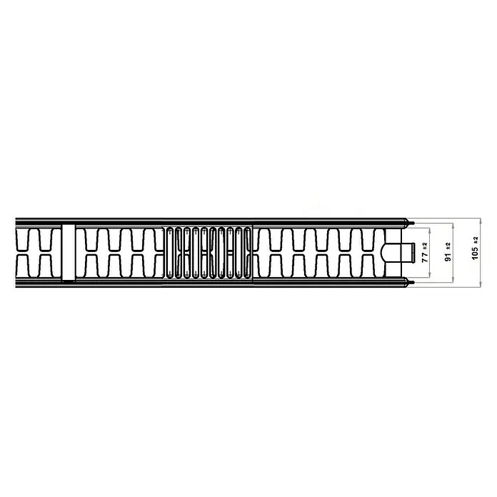 Kompaktheizkörper - B x H: 1.000 x 500 mm, Wärmeleistung bei Vorlauftemperatur von 75 °C (D: 50): 1.425 W, Typ Heizkörper: 22 - Abbildung eines Heizkörpers mit Maßangaben. Das Design zeigt eine detaillierte Ansicht der Struktur und Abmessungen.