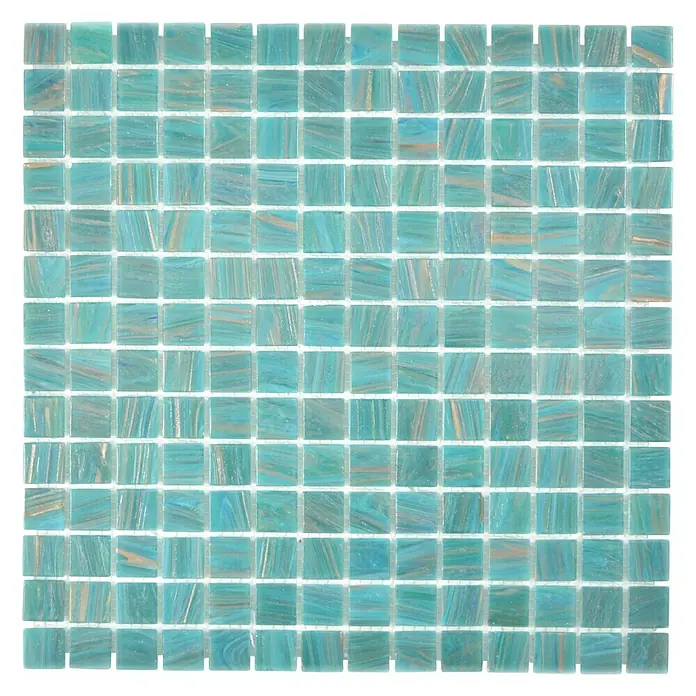 Mosaikfliese Goldstar GM GS 454749 - 30,5 x 30,5 cm, Türkis, Glänzend - Nahaufnahme von türkisfarbenen Glasmosaikfliesen. Ideal für die Gestaltung von Badezimmern oder Küchen mit einem frischen, aquatischen Look.