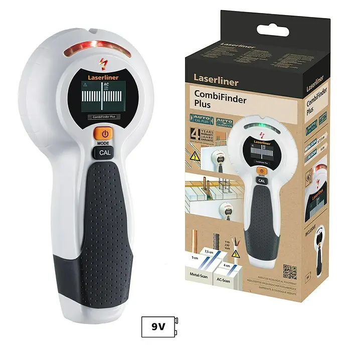 Laserliner Ortungsgerät CombiFinder Plus - Erfassungstiefe: Max. 40 mm spannungsführende Leitungen - Das Bild zeigt den Laserliner CombiFinder Plus, ein Gerät zur Ortung von Metall und stromführenden Leitungen in Wänden, zusammen mit seiner Verpackung.