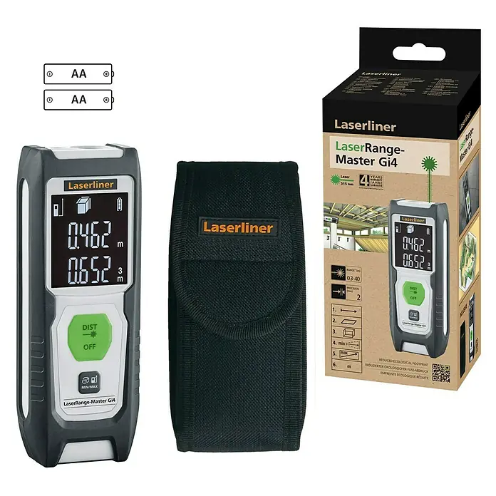 Laserliner Laserentfernungsmesser LaserRange-Master Gi4 - Messbereich: 0,3 - 40 m, Ohne Tasche - Das Bild zeigt ein Laserliner LaserRange-Master Gi4 Distanzmessgerät mit Zubehör und Verpackung.