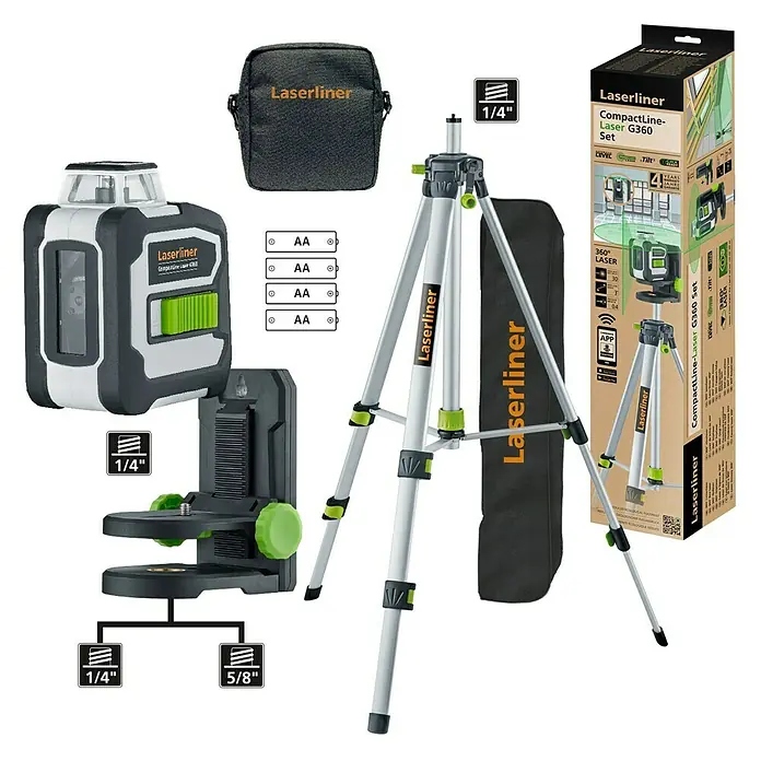 Laserliner Kreuzlinienlaser CompactLine-Laser G360 Set - Max. Arbeitsbereich: 0 m - 30 m - Abbildung eines Laserliner Compactline-Laser G360 Sets mit Zubehör wie Stativ, Batterien und Aufbewahrungstasche.