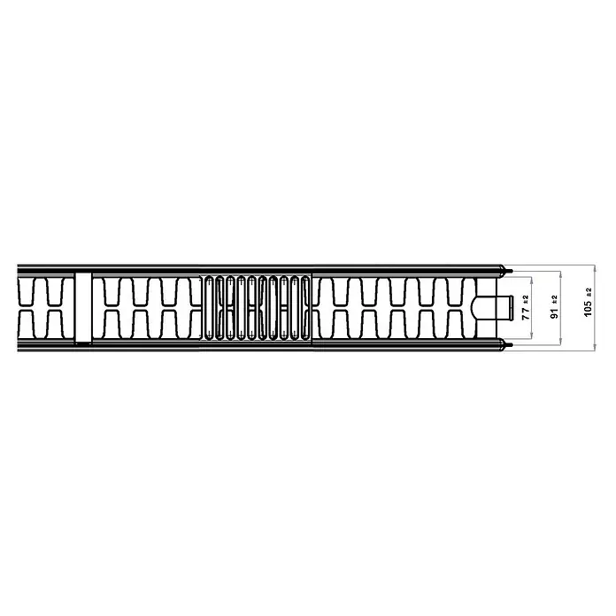 Planheizkörper - B x H: 500 x 900 mm, Wärmeleistung bei Vorlauftemperatur von 75 °C (D: 50): 1.099,5 W, Typ Heizkörper: 22 - Schemazeichnung eines Paneels, das seine Konstruktion und Abmessungen detailliert darstellt. Ideal für Bau- und Designprojekte.