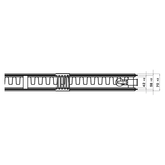 Flachheizkörper - B x H: 2.000 x 600 mm, Wärmeleistung bei Vorlauftemperatur von 75 °C (D: 50): 2.564 W, Typ Heizkörper: 21 - Schemazeichnung eines Produkts mit Maßangaben. Übersichtliche Darstellung für technische Details und Dimensionen.