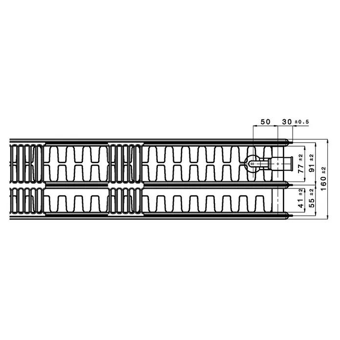 Planheizkörper - B x H: 1.000 x 900 mm, Wärmeleistung bei Vorlauftemperatur von 75 °C (D: 50): 3.001 W, Typ Heizkörper: 33 - Technische Zeichnung eines Heizkörpers mit Bemaßungen und Details zur Konstruktion.