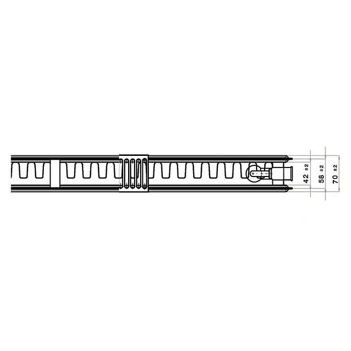 Flachheizkörper - B x H: 500 x 900 mm, Wärmeleistung bei Vorlauftemperatur von 75 °C (D: 50): 888 W, Typ Heizkörper: 21 - Abbildung eines Dehnungsprofils mit Maßangaben. Das Profil hat eine Höhe von 70 mm mit einer Toleranz von ±2 mm.