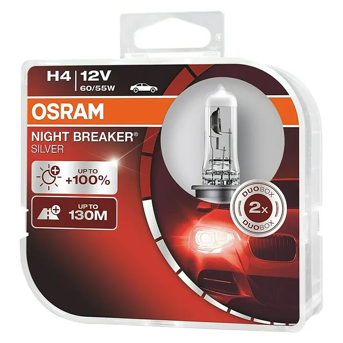 Osram Halogen-Scheinwerferlampe Night Breaker Silver - ECE-Kategorie: H4, 2 Stk. - Ein Duo-Pack OSRAM NIGHT BREAKER® SILVER H4 12V-Halogenlampen für Autos, die bis zu 100% mehr Licht bieten.