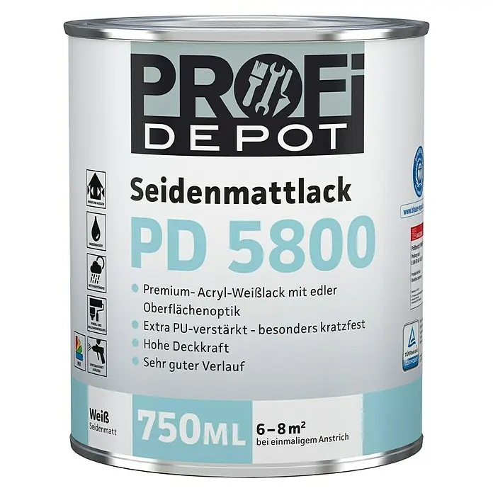 Profi Depot PD Weißlack Seidenmattlack PD 5800 - Weiß, Seidenmatt, 750 ml, Wasserbasiert - Farbdose Profi Depot Seidenmattlack PD 5800 mit 750ml Inhalt, ein Premium-Acryl-Weißlack für edle Oberflächen.