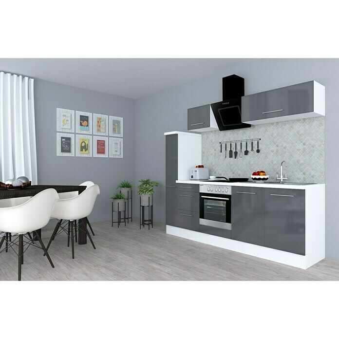 Respekta Premium Composición de cocina (Ancho: 240 cm, Con dispositivos eléctricos, Gris de alto brillo)