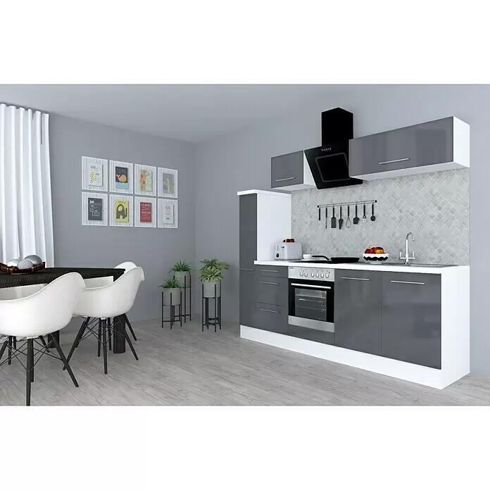 Respekta Premium Composición de cocina Amanda Alto - Ancho: 240 cm, Blanco/Gris, Con electrodomésticos - Cocina moderna con armarios grises, encimera blanca, horno y campana extractora negros, integrada en un comedor.