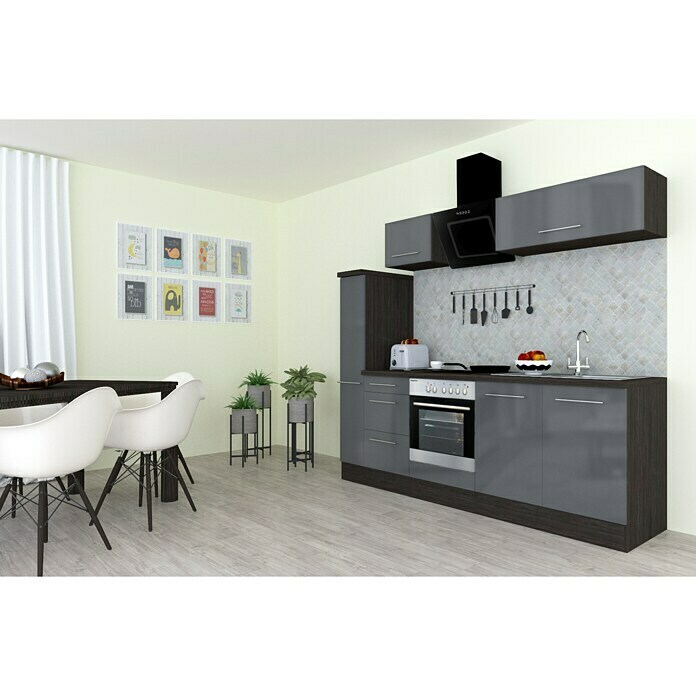 Respekta Premium Composición de cocina (Ancho: 240 cm, Con dispositivos eléctricos, Gris de alto brillo)