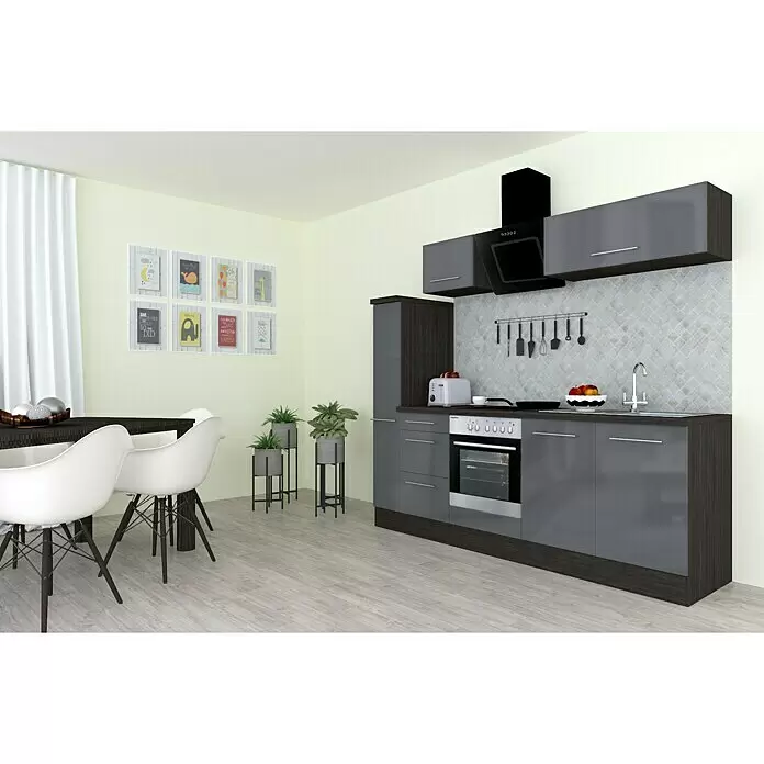 Respekta Premium Composición de cocina Amanda Alto - Ancho: 240 cm, Roble/Gris, Con electrodomésticos - Cocina moderna con armarios grises oscuros brillantes, detalles de madera, electrodomésticos integrados y un comedor.