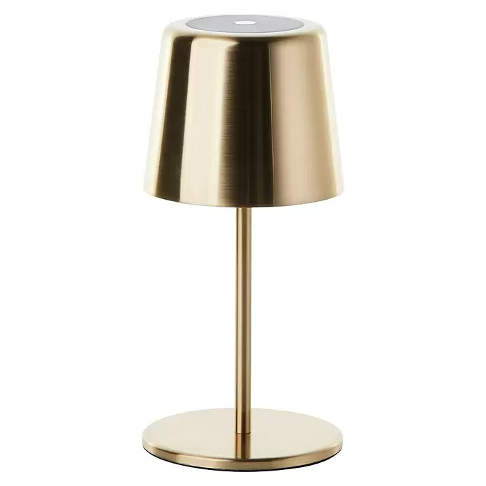Brilliant Akku-Tischleuchte Xaana - 2 W, Gold, Mehrfarbig - Tragbare goldene Tischlampe aus gebürstetem Metall mit konischem Schirm und rundem Fuß.