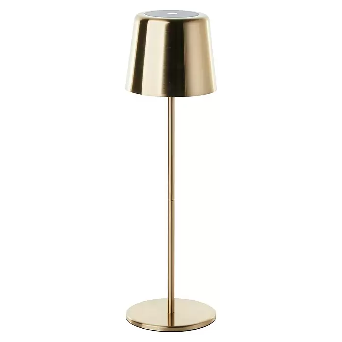 Brilliant Akku-Tischleuchte Xaana - 2 W, Gold, Mehrfarbig - Eine gebürstete goldene Tischlampe mit kegelförmigem Schirm und hellgrauer Oberseite.
