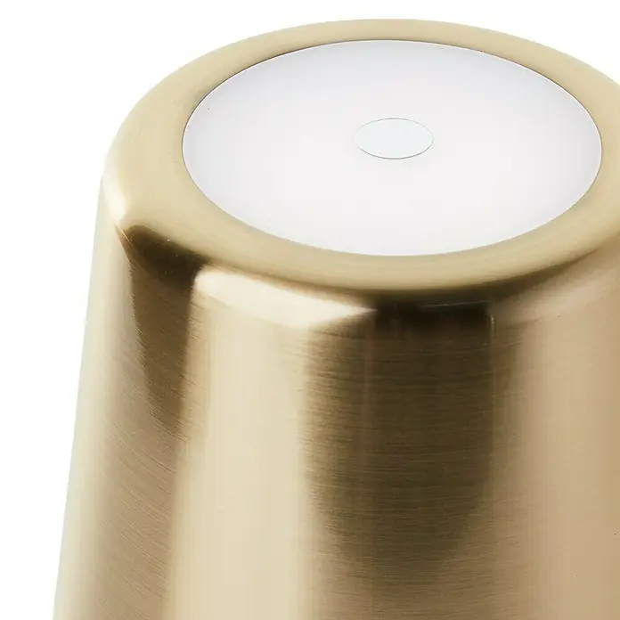 Brilliant Akku-Tischleuchte Xaana - 2 W, Gold, Mehrfarbig - Nahaufnahme eines goldfarbenen Pflanzgefäßes mit einer weißen, runden Basis, das eine schlichte und elegante Ästhetik für Zimmerpflanzen bietet.