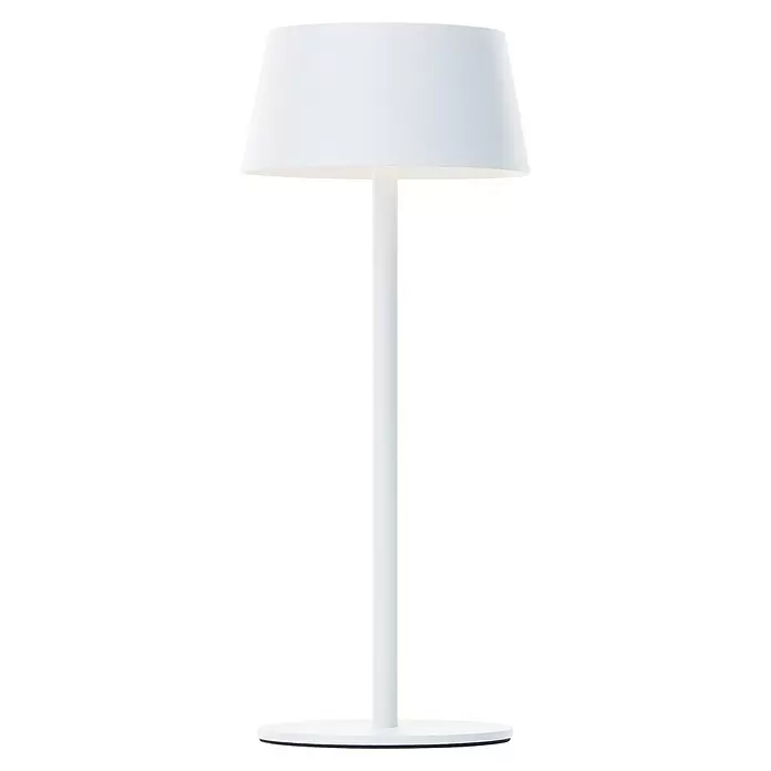 Brilliant Akku-Tischleuchte Picco - 4 W, Weiß, Warmweiß - Weiße Tischlampe mit konischem Schirm und zylindrischem Ständer.