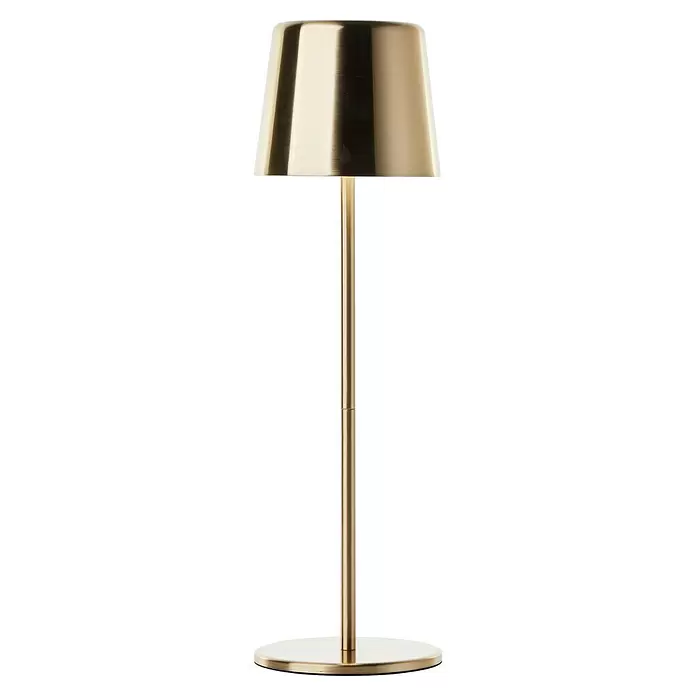 Brilliant Akku-Tischleuchte Xaana - 2 W, Gold, Mehrfarbig - Tischleuchte aus gebürstetem Messing mit zylindrischem Fuß und konischem Metallschirm.