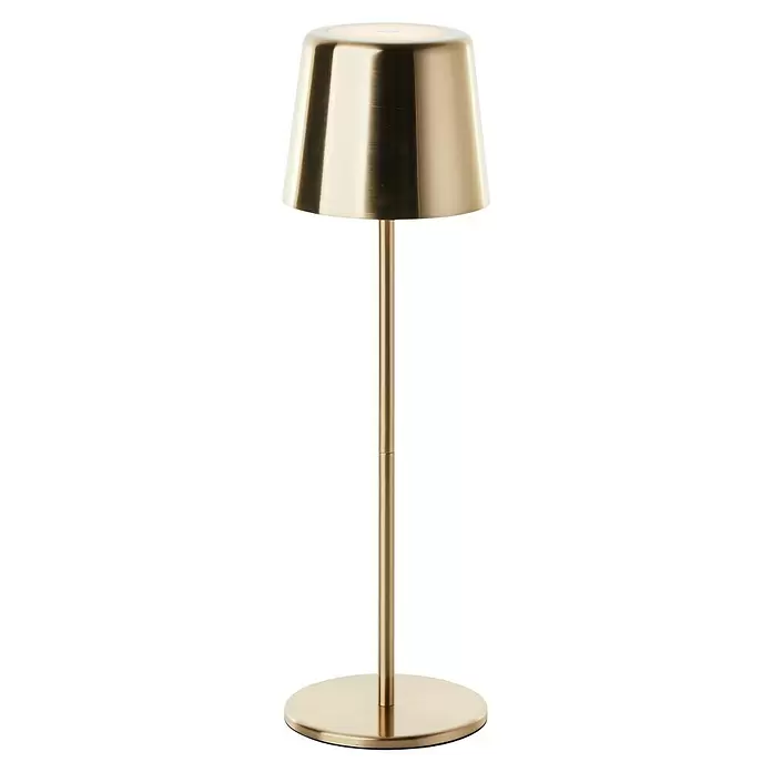 Brilliant Akku-Tischleuchte Xaana - 2 W, Gold, Mehrfarbig - Goldene Metall-Tischlampe mit kegelförmigem Schirm, zylindrischem Ständer und rundem Fuß.