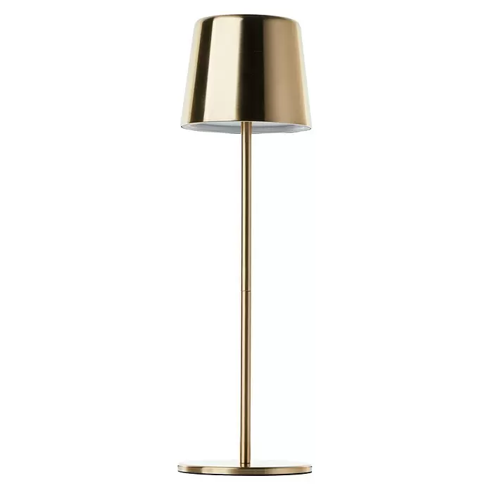 Brilliant Akku-Tischleuchte Xaana - 2 W, Gold, Mehrfarbig - Goldene Metalllampe mit konischem Schirm und rundem Sockel.