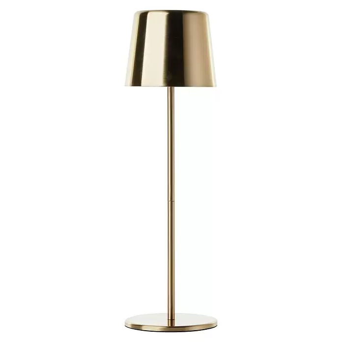 Brilliant Akku-Tischleuchte Xaana - 2 W, Gold, Mehrfarbig - Goldfarbene Tischlampe mit konischem Schirm und rundem Fuß.