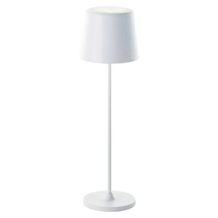 Brilliant Akku-Tischleuchte Kaami - 2 W, Weiß, Warmweiß - Weiße moderne Tischlampe mit leuchtendem Schirm und rundem Fuß.