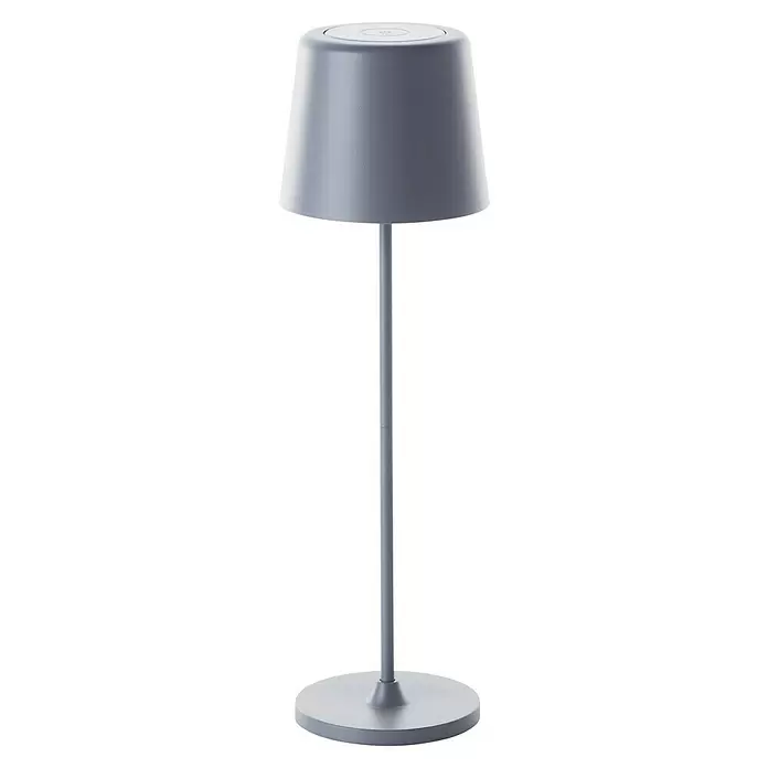 Brilliant Akku-Tischleuchte Kaami - 2 W, Grau, Warmweiß - Graue Tischlampe mit konischem Schirm und rundem Fuß.