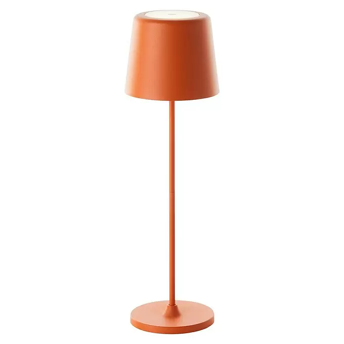 Brilliant Akku-Tischleuchte Kaami - 2 W, Orange, Warmweiß - Terrakottafarbene Tischlampe mit konischem Schirm und rundem Fuß.