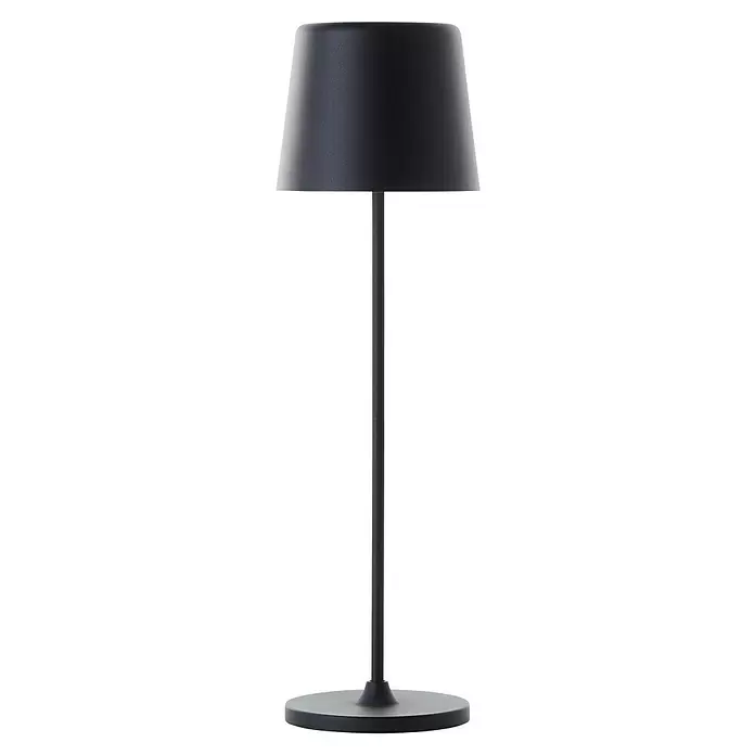 Brilliant Akku-Tischleuchte Kaami - 2 W, Schwarz, Warmweiß - Schwarze Lampe mit matter Oberfläche, konischem Schirm, schlankem Stiel und rundem Fuß.