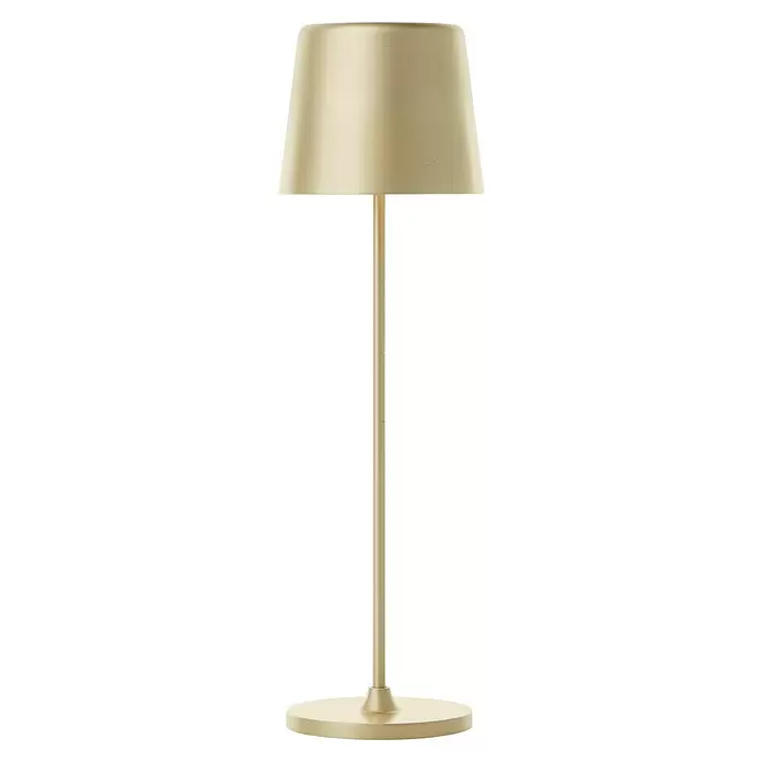 Brilliant Akku-Tischleuchte Kaami - 2 W, Gold, Warmweiß - Stehleuchte aus hellgoldenem Metall mit konischem Schirm und rundem Sockel.