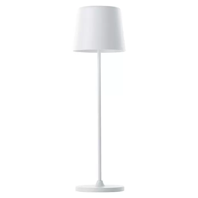 Brilliant Akku-Tischleuchte Kaami - 2 W, Weiß, Warmweiß - Weiße minimalistische Stehlampe mit breitem, konischem Schirm und schlankem Fuß.