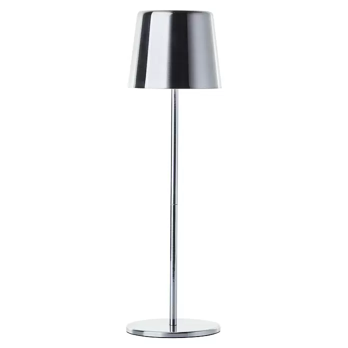 Brilliant Akku-Tischleuchte Xaana - 2 W, Silber, Mehrfarbig - Silberne Tischlampe aus gebürstetem Metall mit konischem Schirm und rundem Fuß.