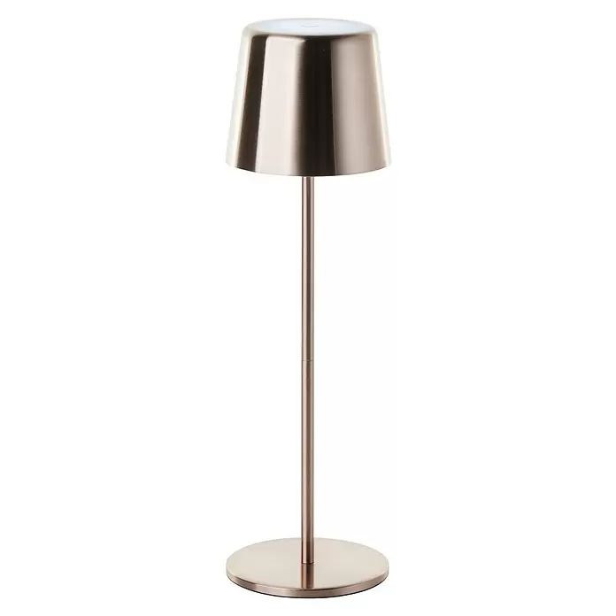 Brilliant Akku-Tischleuchte Xaana - 2 W, Kupfer, Mehrfarbig - Moderne Tischlampe aus gebürstetem Metall mit konischem Schirm, schlankem Stiel und rundem Fuß.