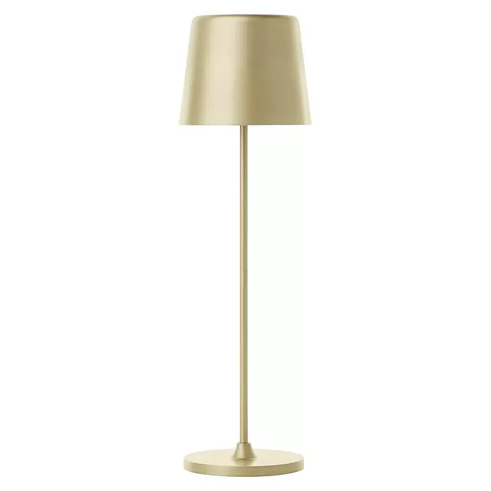 Brilliant Akku-Tischleuchte Kaami - 2 W, Gold, Warmweiß - Schlanke, hellgoldene Stehlampe mit konischem Schirm und rundem Fuß.