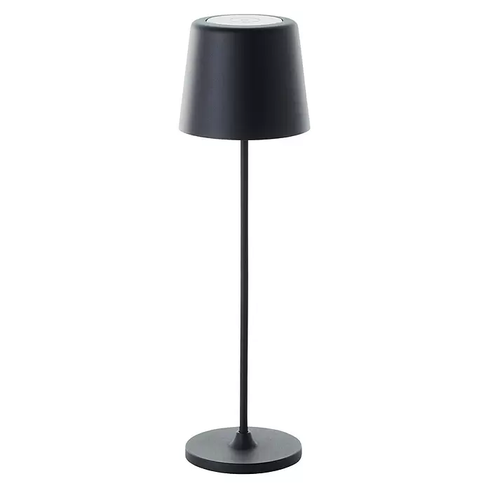 Brilliant Akku-Tischleuchte Kaami - 2 W, Schwarz, Warmweiß - Hohe, schwarze, moderne Tischleuchte mit zylindrischem Schirm, rundem Fuß und weißem Touch-Bedienfeld oben.