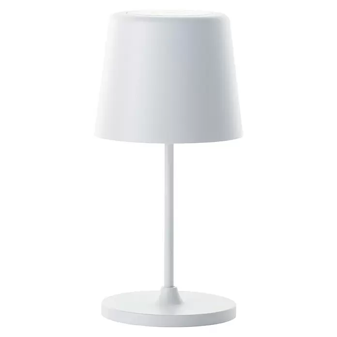 Brilliant Akku-Tischleuchte Kaami - 2 W, Weiß, Warmweiß - Weiße Tischlampe mit konischem Schirm und rundem Sockel.